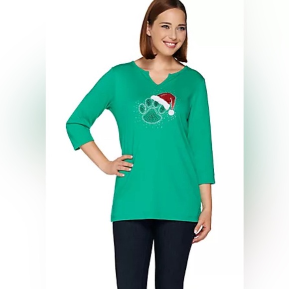 Quacker Factory Christmas Holiday Paw Print Shirt 3/4 Sleeve NWT Size XXS - Picture 1 of 6